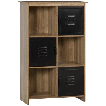 Bibliothèque design industriel - meuble de rangement 3 niches 3 casiers - panneaux particules aspect bois veinage portes métal noir 1