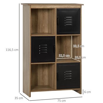 Bibliothèque design industriel - meuble de rangement 3 niches 3 casiers - panneaux particules aspect bois veinage portes métal noir 3