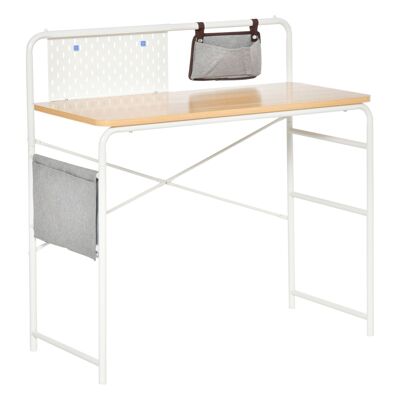 Computer desk with 2 gray storage pockets, white metal panel, light wood look