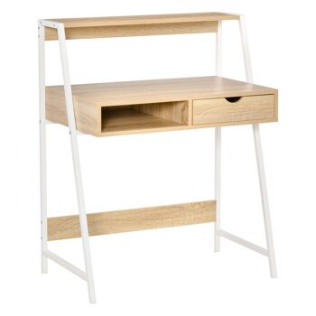 Bureau secrétaire bureau informatique style néo-rétro tiroir niche étagère métal blanc aspect chêne clair 1