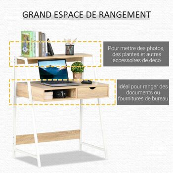 Bureau secrétaire bureau informatique style néo-rétro tiroir niche étagère métal blanc aspect chêne clair 2