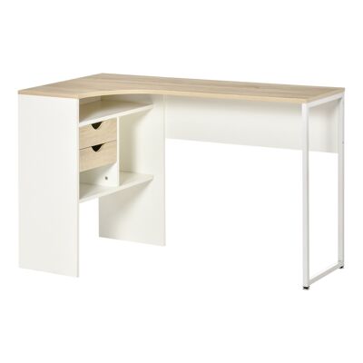 Corner desk multimedia computer desk multi-storage metal particle panels white light oak look