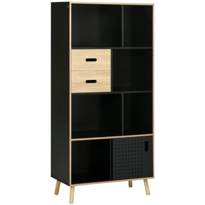 Industrial design bookcase - metal sliding door, 7 niches, 2 drawers - MDF wood with black light oak look