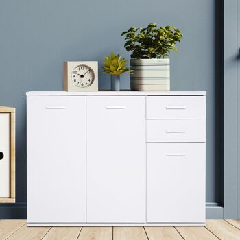 HOMCOM Buffet meuble de rangement 2 tiroirs coulissants 2 placards étagère réglable panneaux particules blanc 2