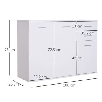HOMCOM Buffet meuble de rangement 2 tiroirs coulissants 2 placards étagère réglable panneaux particules blanc 3