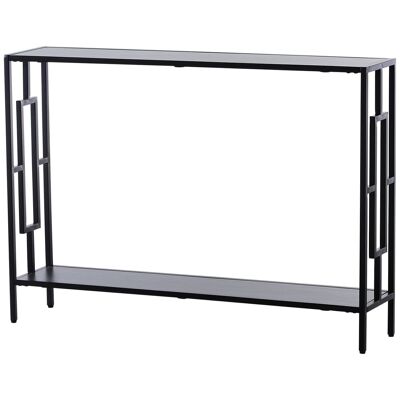 Consola mesa auxiliar de diseño industrial Dim. 106L x 23W x 76H cm estante de acero negro paneles de partículas de madera gris