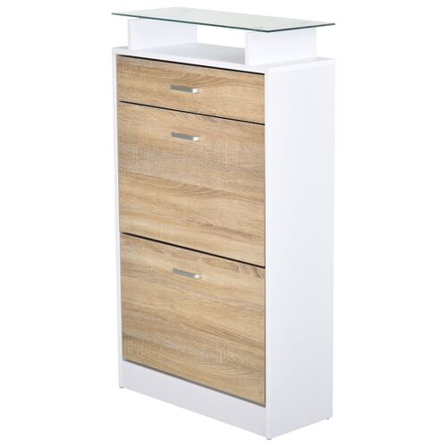 Armoire à chaussures organisateur de luxe pour chaussures 2 portes abattantes 2 compartiments, tiroir, étagère verre panneaux particules chêne blanc