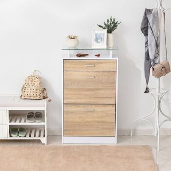 Armoire à chaussures organisateur de luxe pour chaussures 2 portes abattantes 2 compartiments, tiroir, étagère verre panneaux particules chêne blanc 2