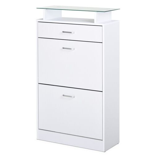 Armoire à chaussures organisateur de luxe pour chaussures 2 portes abattantes 2 compartiments, tiroir, étagère verre panneaux particules blanc