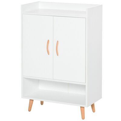 Scandinavian shoe cabinet closet 2 doors 4 shelves slanted tapered legs solid wood white particle board