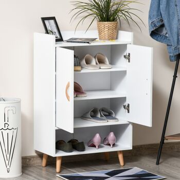 Meuble à chaussures scandinave placard 2 portes 4 étagères pieds effilés inclinés bois massif panneaux particules blanc 2