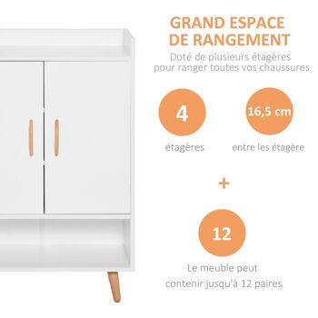 Meuble à chaussures scandinave placard 2 portes 4 étagères pieds effilés inclinés bois massif panneaux particules blanc 4