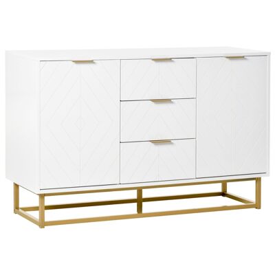 Graphic contemporary design sideboard 2 cupboards with adjustable shelves 3 sliding drawers MDF white gold metal