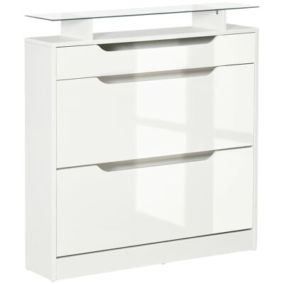 Shoe cabinet with 2 folding drawers + 1 sliding drawer + 1 counter and 1 glass top adjustable shelf on 2 levels 89 x 23 x 96 cm white
