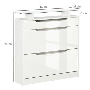 Armoire à chaussures avec 2 tiroirs rabattables + 1 tiroir coulissant + 1 comptoir et 1 plateau en verre étagère réglable sur 2 niveaux 89 x 23 x 96 cm blanc 3