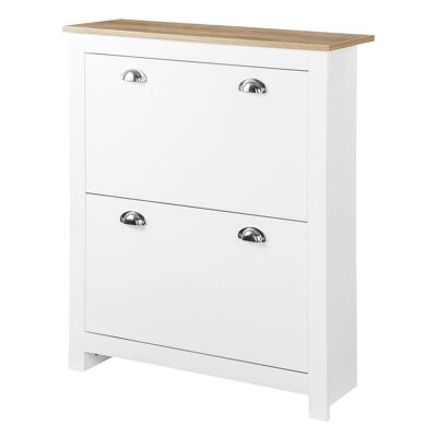 Shoe cabinet 2 drop-down doors 2 compartments shell handles metal MDF white light oak