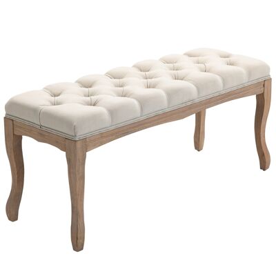 Banc banquette capitonnée style classique chic dim. 110L x 38l x 49H cm piètement bois hévéa sculpté lin beige