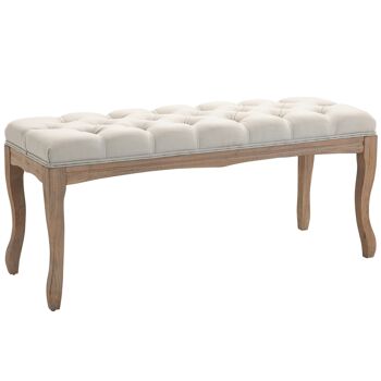 Banc banquette capitonnée style classique chic dim. 110L x 38l x 49H cm piètement bois hévéa sculpté lin beige 2