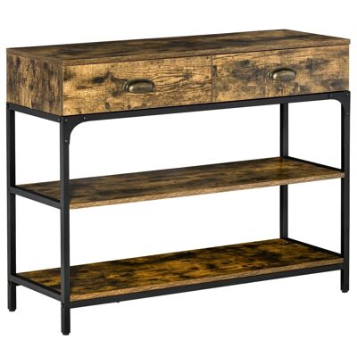 Console industrial design side table 2 drawers 2 shelves black metal panels particles aged wood look