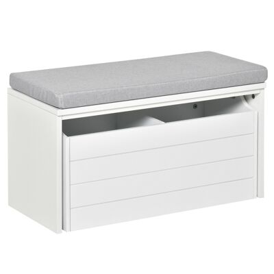 Storage bench with gray cushion - shoe cabinet - shoe bench with large double compartment drawer - white MDF