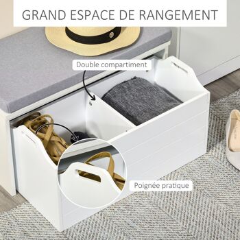 Banc de rangement avec coussin gris - meuble à chaussures - banc à chaussures avec grand tiroir double compartiment - MDF blanc 4