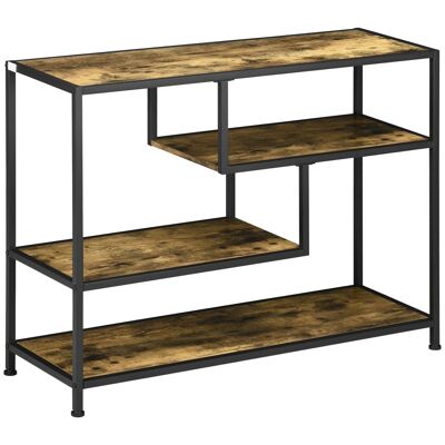 Industrial design console table with 4 black steel shelves, aged wood look panels