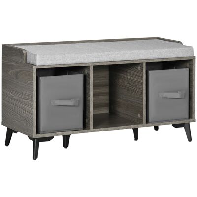 Mueble banco zapatero estilo industrial - 2 cestos, nicho, cojín incluido - base metal negro poliester gris madera