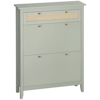 Bohemian chic style shoe cabinet - 2 drop-down doors 2 adjustable drawer shelves - Water green MDF with rattan look