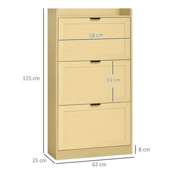 Meuble à chaussures style bohème chic - 3 portes abattantes 3 étagères réglables - MDF coloris bois clair PVC aspect rotin 3