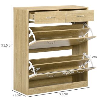 Armoire meuble à chaussures multi-rangement 2 abattants double niveau 2 tiroirs aspect chêne clair 3