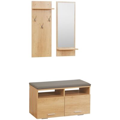 Eingangsmöbel-Set – 3-in-1-Eingangsgarderobe – Spiegel, Garderobe, Schuhbank – hellgraue Holzoptik