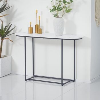 Console table d'appoint style contemporain plateau aspect marbre blanc châssis acier noir 2