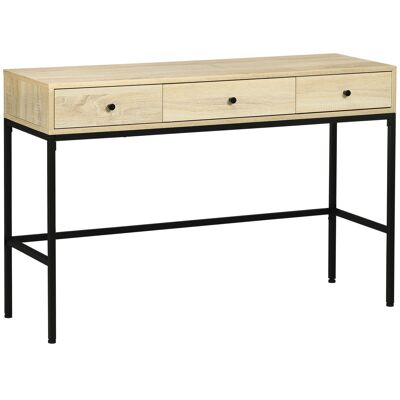 Industrial design console table with 3 drawers, black steel base, light wood look panels
