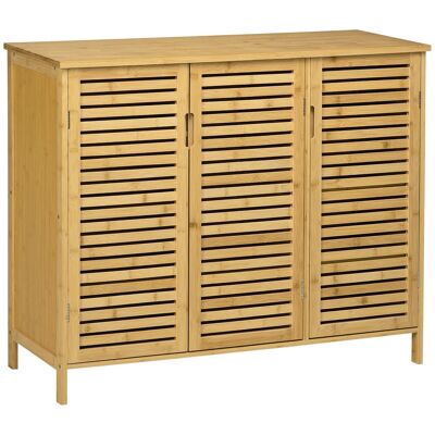 Cozy chic style shoe cabinet - 3 doors, 6 shelves - slatted doors, invisible handles - varnished bamboo