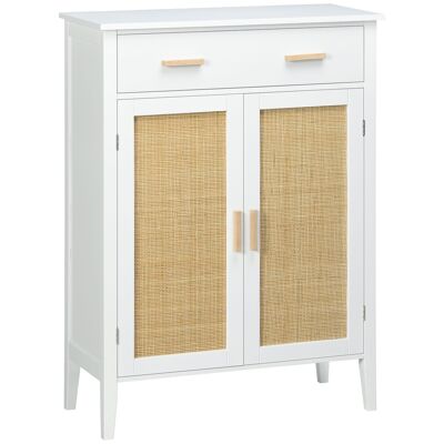 Bohemian chic style shoe cabinet - 2 doors, 3 shelves, drawer - White MDF cane rattan
