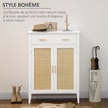 Meuble à chaussures style bohème chic - 2 portes, 3 étagères, tiroir - MDF blanc cannage rotin 4