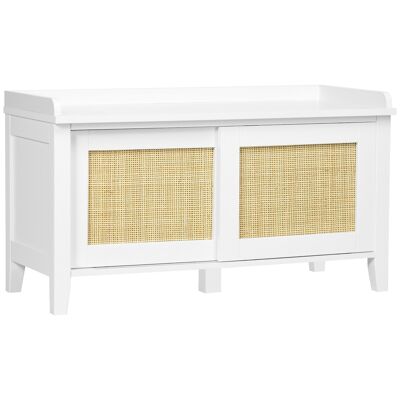 Scarpiera panca scarpiera 2 in 1 stile bohémien chic 2 ante scorrevoli - rattan di canna MDF bianco