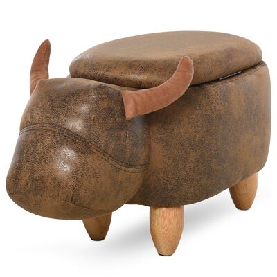 Taburete de vaca - puf de cuero de vaca - puf de toro caja de almacenamiento 2 en 1 - patas de madera de caucho revestimiento sintético aspecto de ante marrón envejecido