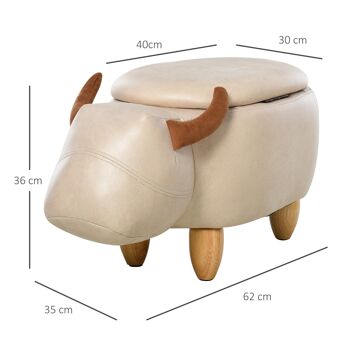 Tabouret vache - pouf vachette - pouf taureau coffre de rangement 2 en 1 - pieds bois d'hévéa revêtement synthétique crème 3