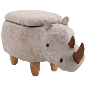 Tabouret rhinocéros - pouf rhinocéros - pouf animal coffre de rangement 2 en 1 - pieds bois d'hévéa revêtement polyester gris 1