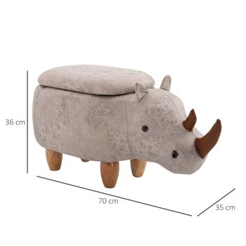 Tabouret rhinocéros - pouf rhinocéros - pouf animal coffre de rangement 2 en 1 - pieds bois d'hévéa revêtement polyester gris 3