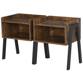 Tables de chevet style industriel - lot de 2 tables de nuit - meubles empilables - panneaux particules aspect vieux bois métal noir 1