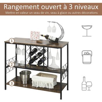 HOMCOM Étagère style industriel étagère porte bouteilles casier à vin 7 bouteilles support verres à vin intégré 16 max. métal noir panneaux particules aspect vieux bois veinage 5