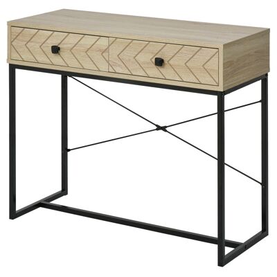 Consola industrial con 2 cajones de madera natural, patas de metal, medidas 90 x 35 x 76 cm