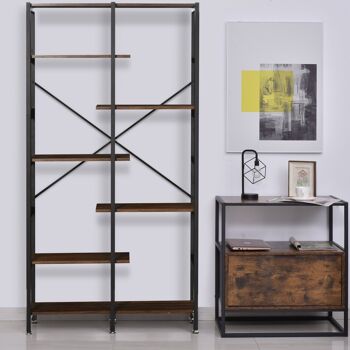Étagère bibliothèque séparateur de pièce style industriel en escalier 6 étagères panneaux particules aspect vieux bois métal noir 2