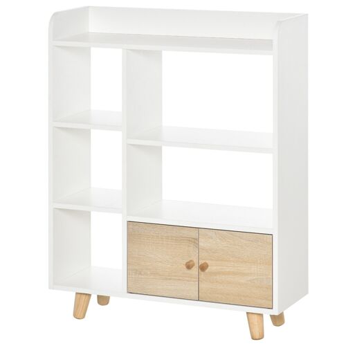 Bibliothèque scandinave 3 niches 2 étagères placard double porte pieds effilés inclinés MDF blanc aspect chêne clair