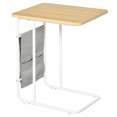 Table basse table d'appoint guéridon bout de canapé 2 pochettes de rangement tissu gris châssis métal blanc plateau aspect bois clair