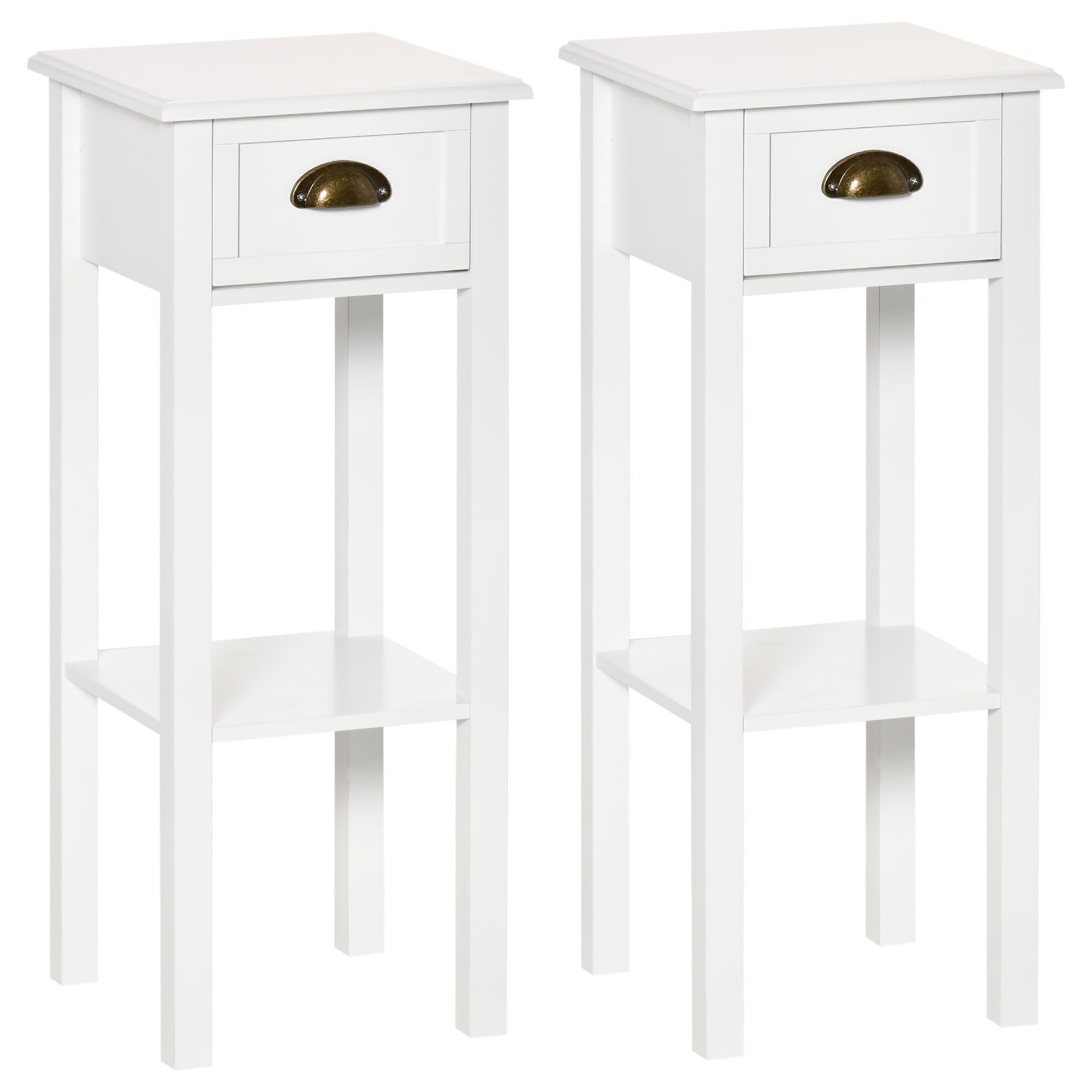 Conjunto de 2 mesas auxiliares mesa auxiliar mesa de pedestal - cajón, estante - medidas 30L x 30W x 75H cm - tiradores de concha latón envejecido MDF blanco
