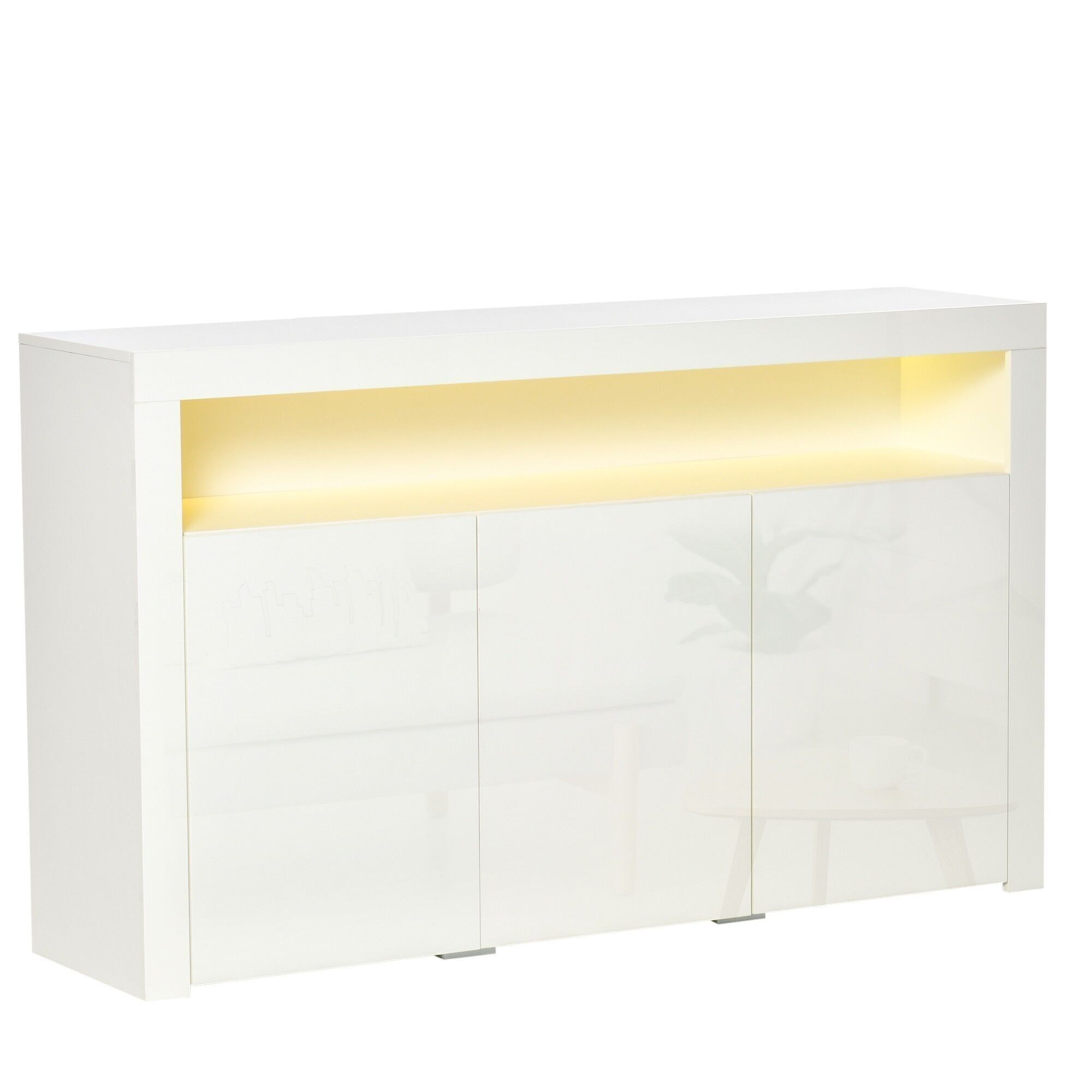 Aparador LED HOMCOM - Unidad de almacenamiento LED - Armarios 3 con estante y nicho grande - Tablero de partículas de MDF lacado en blanco