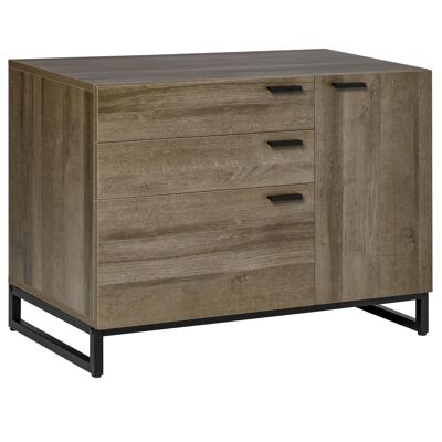 HOMCOM Industrial design sideboard - 3-drawer storage unit, cupboard - black steel base, wood-look particleboard with grain